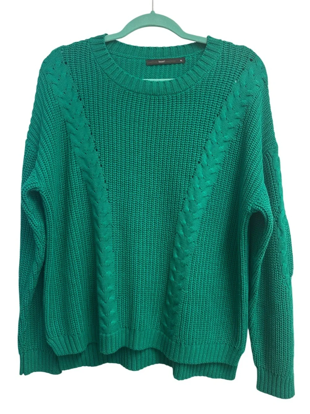 Hazel Haze | Cable Knit Sweater XL Green Cotton Blend Chunky Knit Oversized Cozy